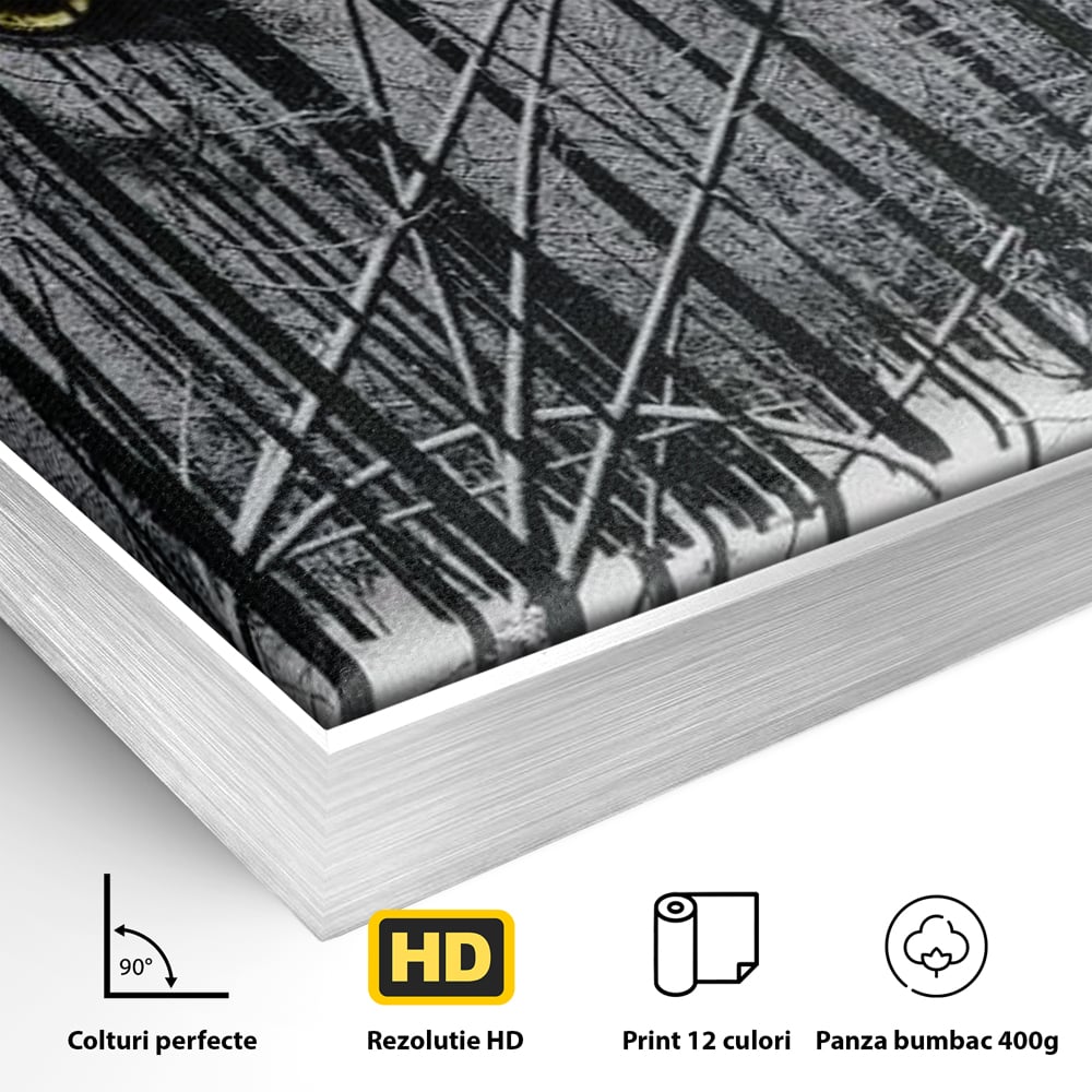 Detaliu al suprafetei: tablou canvas cu ochi de lup si padure iarna, in rama de aluminiu argintiu